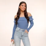 Jeans Blue Elastic Ruffel Off Shoulder - Top - Image 3