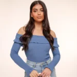 Jeans Blue Elastic Ruffel Off Shoulder - Top