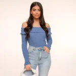 Jeans Blue Elastic Ruffel Off Shoulder - Top - Image 2