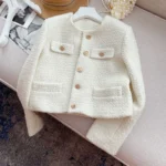 New Korean Chic Female Tweed Basic Button Up Jacket Coat Women Autumn Winter Clothing Runway - Image 2